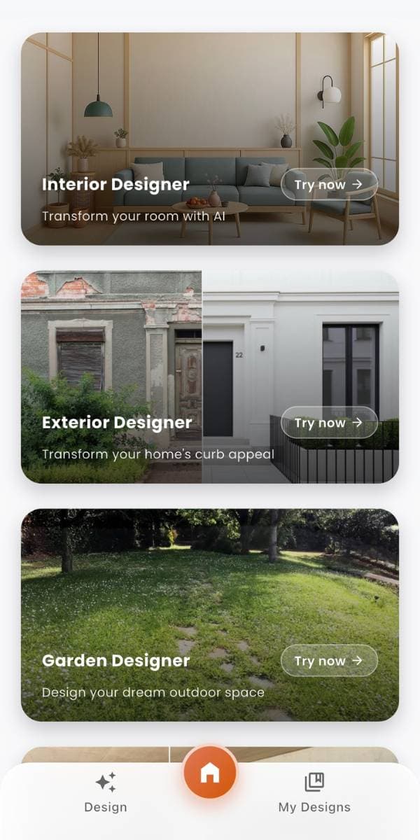 DecorAI Mobile App Interface showcasing a modern living room redesign