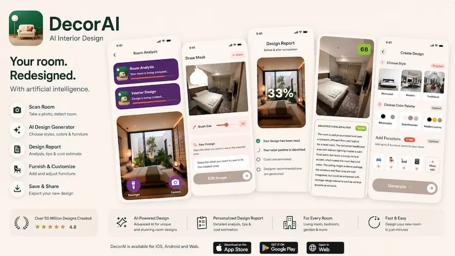 DecorAI AI Interior Design app for iOS, Android and Web showing the Room Analysis, Draw Mask, Design Report, architectural analysis and Create Design screens
