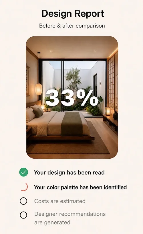 DecorAI Design Report building a before and after comparison, with the design read, the color palette identified, costs estimated and designer recommendations generated