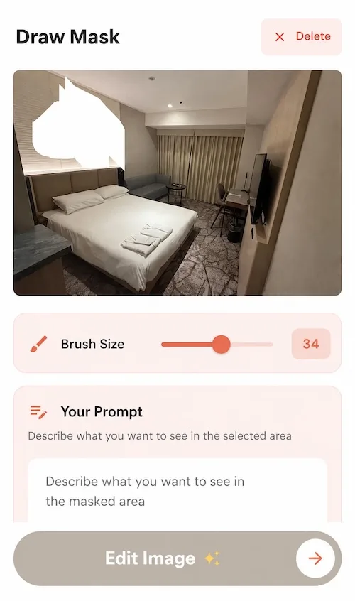 DecorAI Inpainting Editor Draw Mask screen with a masked area painted over a bedroom photo, an adjustable brush size slider and a prompt field describing the change