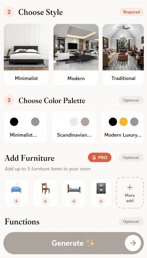 DecorAI AI Interior Designer screen showing the Choose Style step with Minimalist, Modern and Traditional options, color palette selection and the Pro Add Furniture tool