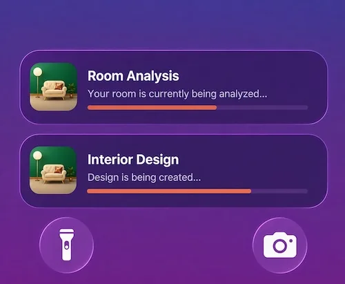 DecorAI Live Activities on the iPhone Lock Screen showing Room Analysis and Interior Design generations running with live progress bars