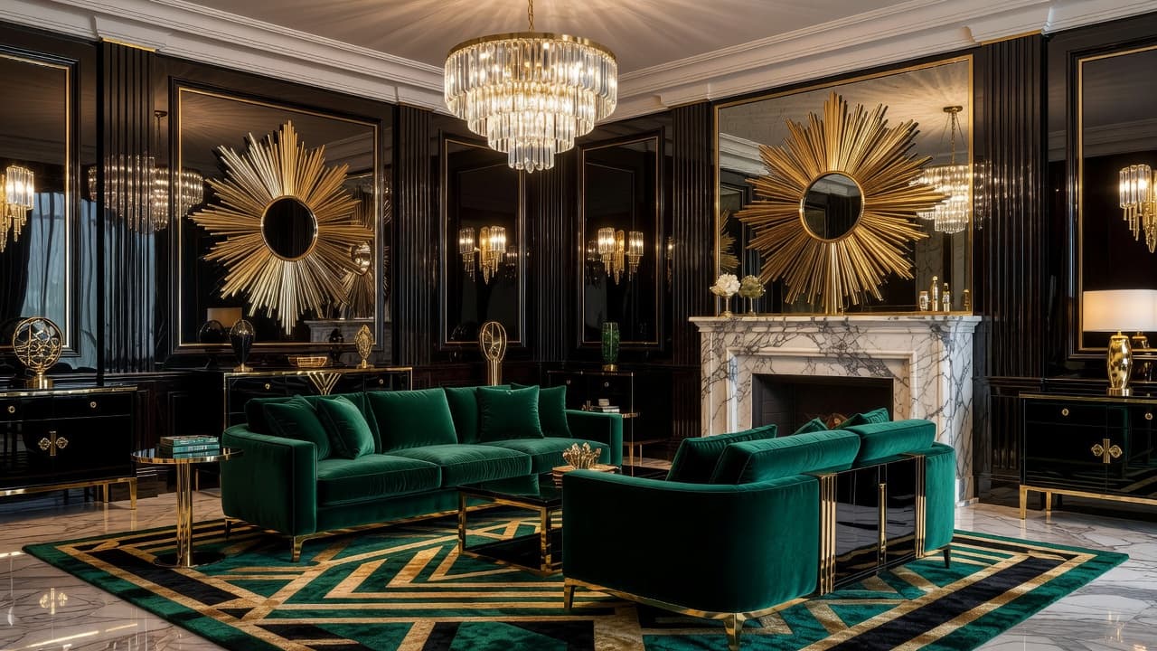 Un soggiorno Art Déco fotorealistico con un divano in velluto smeraldo, accenti in ottone, uno specchio a raggiera, pannellatura scanalata alle pareti e un lampadario d'effetto, creato con il design d'interni con IA