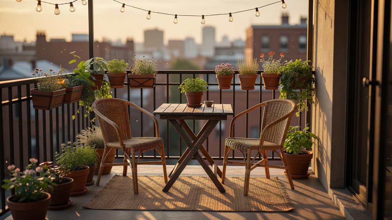 A photorealistic small apartment balcony with a folding bistro table, two rattan chairs, string lights, and a rail of potted plants, designed with ai balcony design