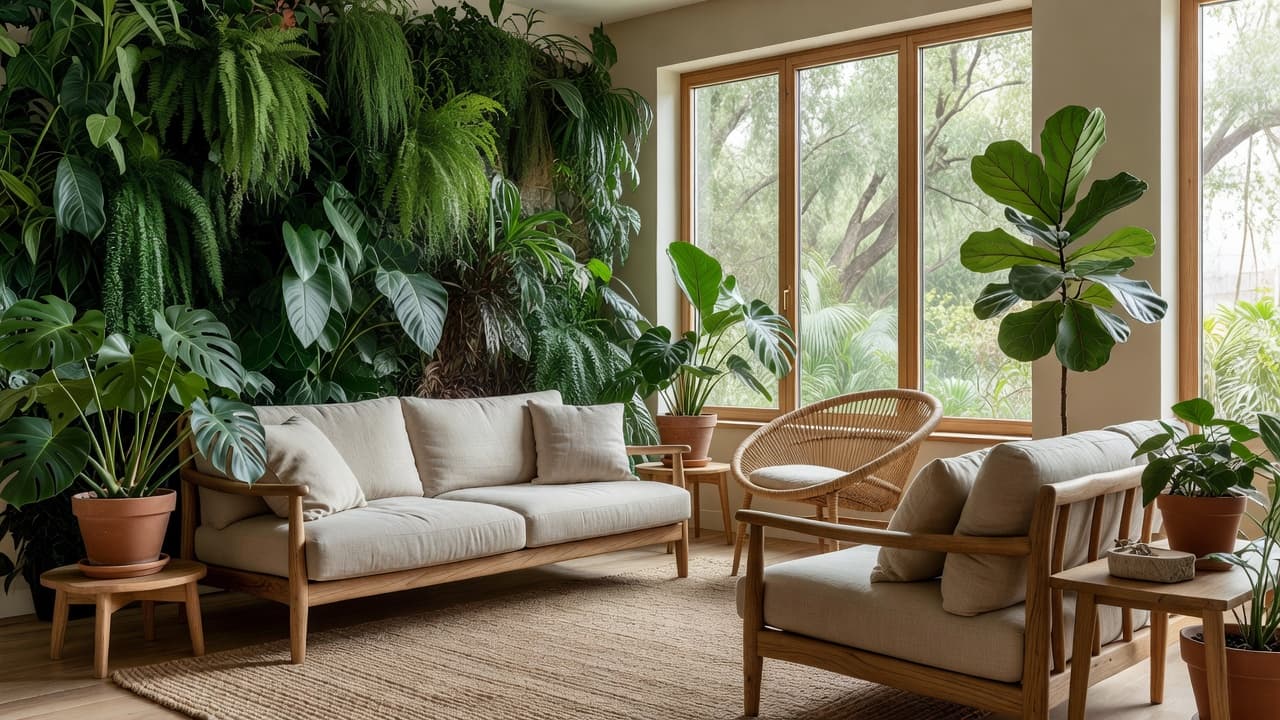 A photorealistic biophilic living room with a living plant wall, natural oak furniture, abundant daylight, and organic textures, created with AI interior design