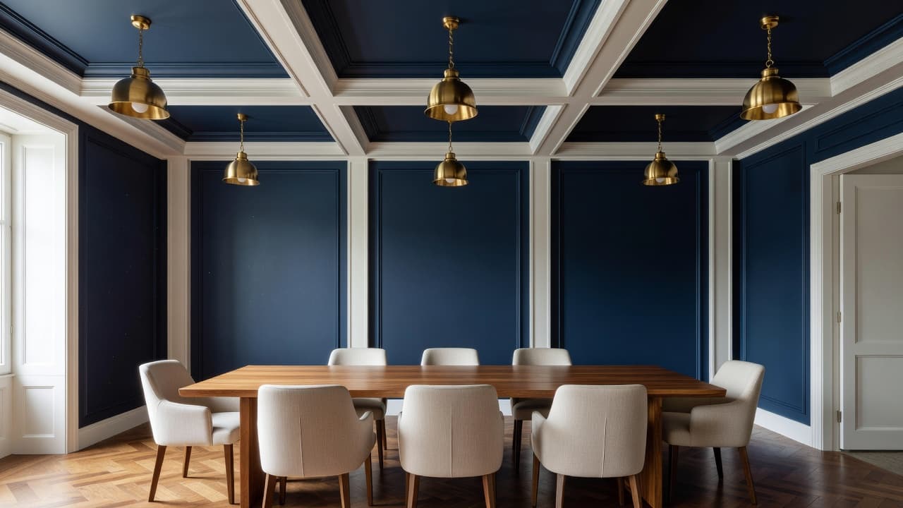 A photorealistic dining room with a coffered ceiling painted in deep navy, brass pendant lighting, and warm wood tones designed with an AI ceiling design visualizer