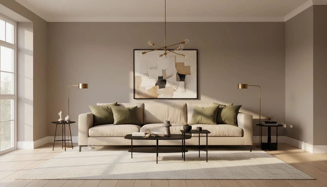 AI color palette generator showing a cohesive warm neutral living room with greige walls, sand sofa, brass accents, and oak floors