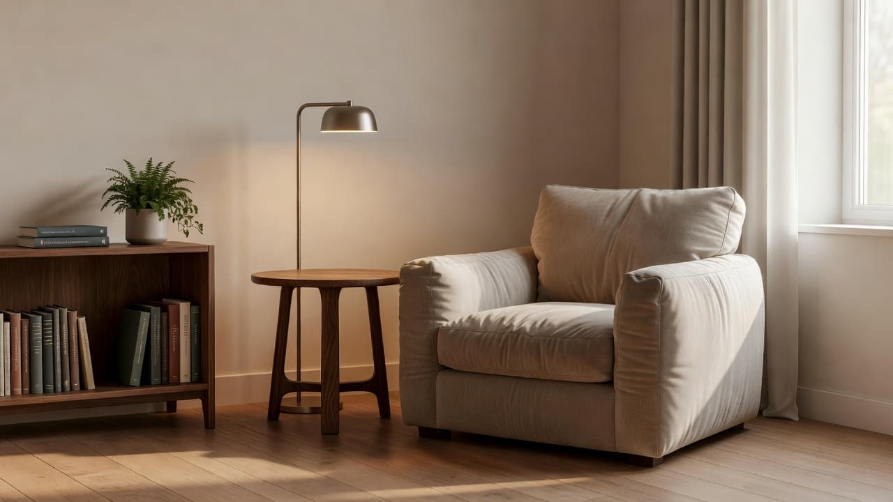 A photorealistic reading nook built into a previously empty living room corner, illustrating a DecorAI Corner Designer result
