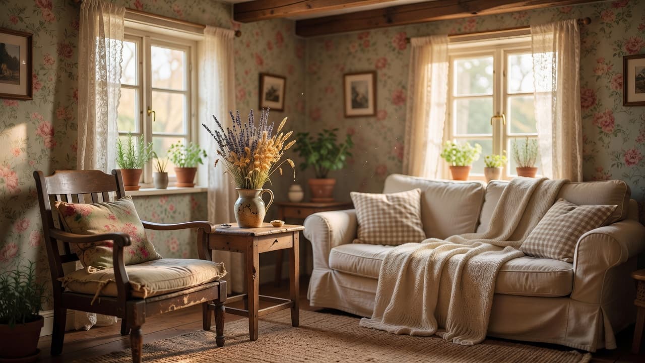 A photorealistic cottagecore living room with floral wallpaper, a vintage wood armchair, dried flowers in a ceramic pitcher, gingham cushions, and warm natural light through a lace-curtained window created with AI interior design