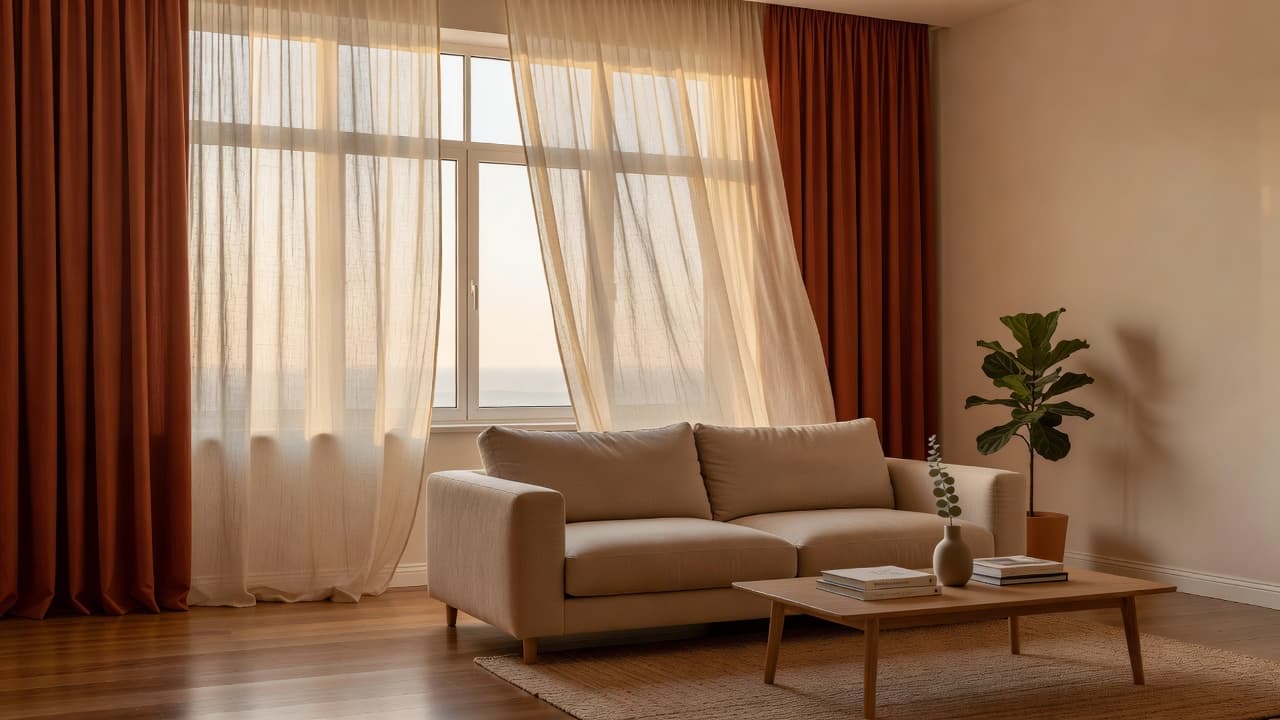 Uma sala de estar fotorrealista e luminosa com cortinas de linho translúcido a esvoaçar e cortinados terracota quentes a emoldurar uma janela grande, desenhada com uma visualizadora de cortinas com IA