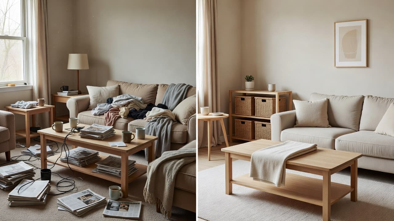 A photorealistic before-and-after of a decluttered, organized living room with clean surfaces and tidy storage, created with AI interior design