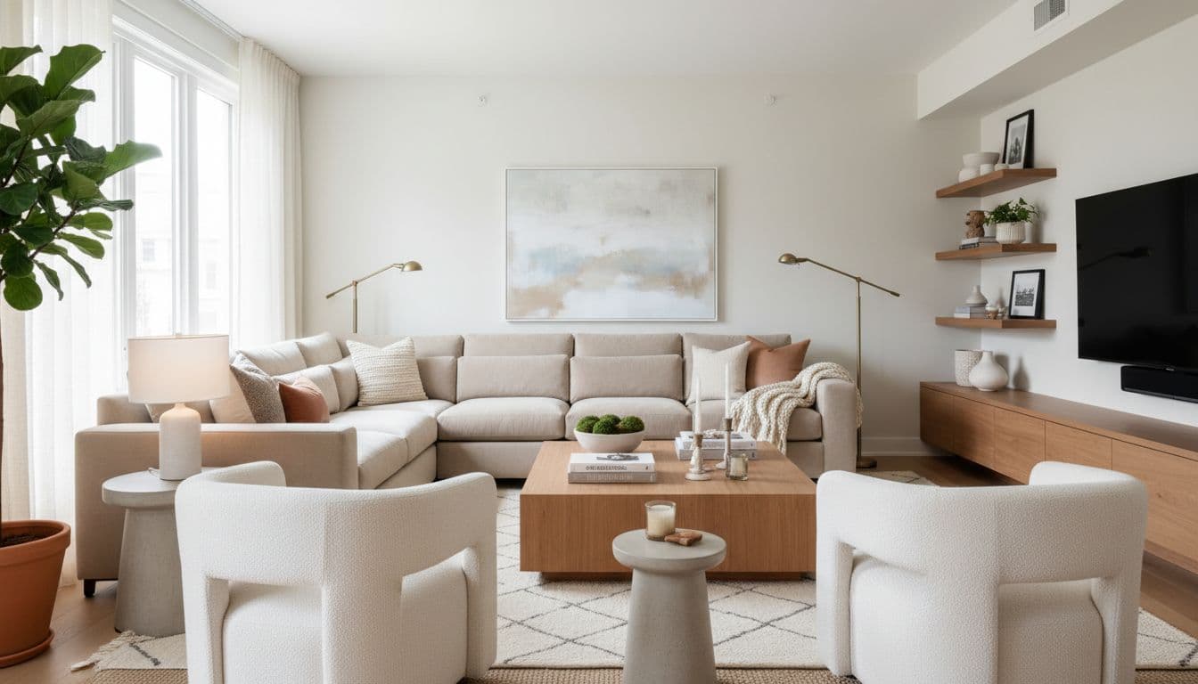 AI design a room example showing a bright living room makeover with balanced layout and warm materials