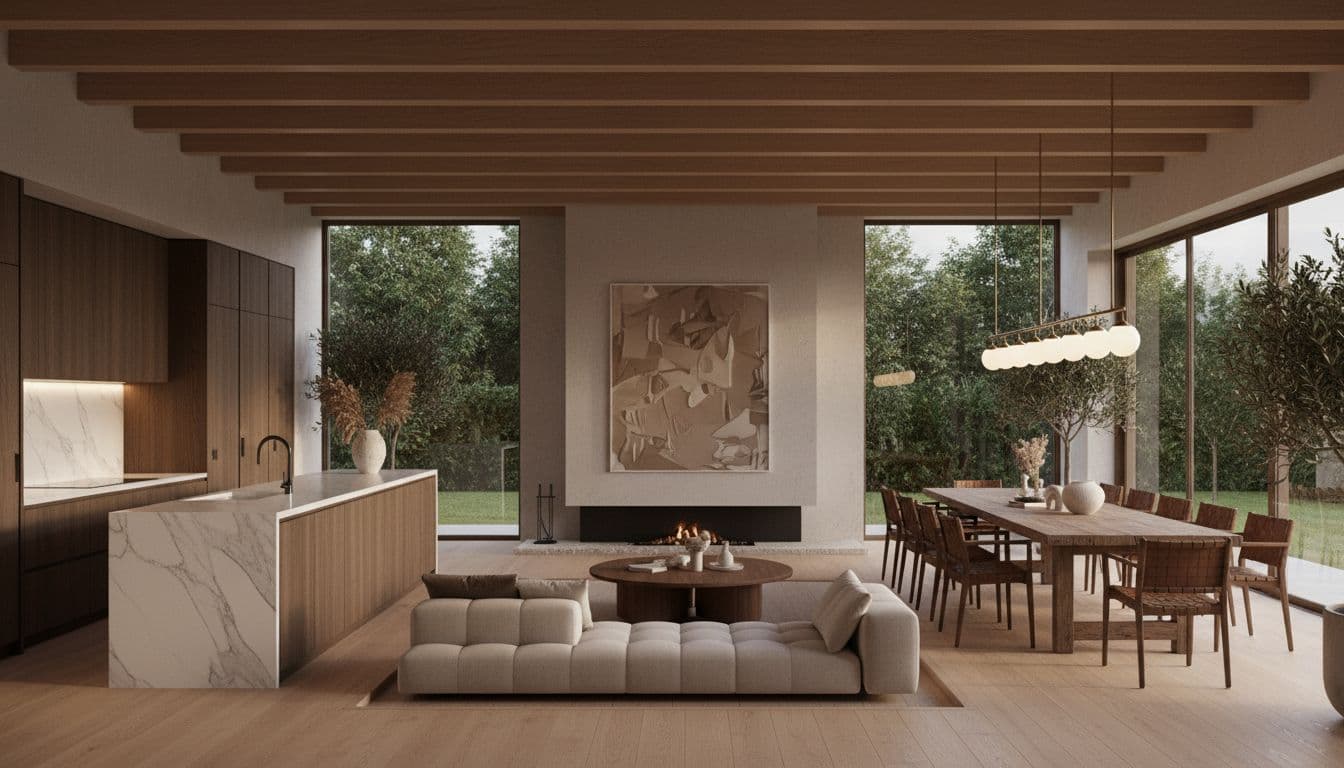 AI interior architecture visualization of an open-plan home with connected living, dining, and kitchen areas