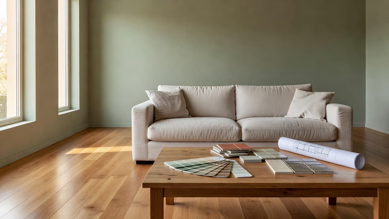 Ein fotorealistisch renoviertes Wohnzimmer mit salbeigrünen Wänden, Eichenboden und einem Couchtisch mit Farbmustern, Fliesenproben und einem aufgerollten Grundriss