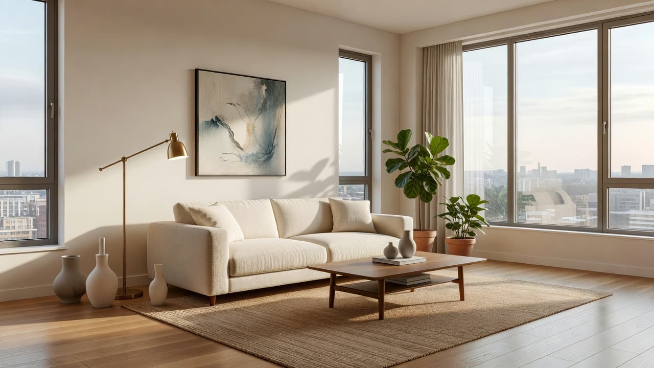 A photorealistic, light-filled living room generated entirely from a written description, illustrating how DecorAI Design Concepts builds a room with no starting photo