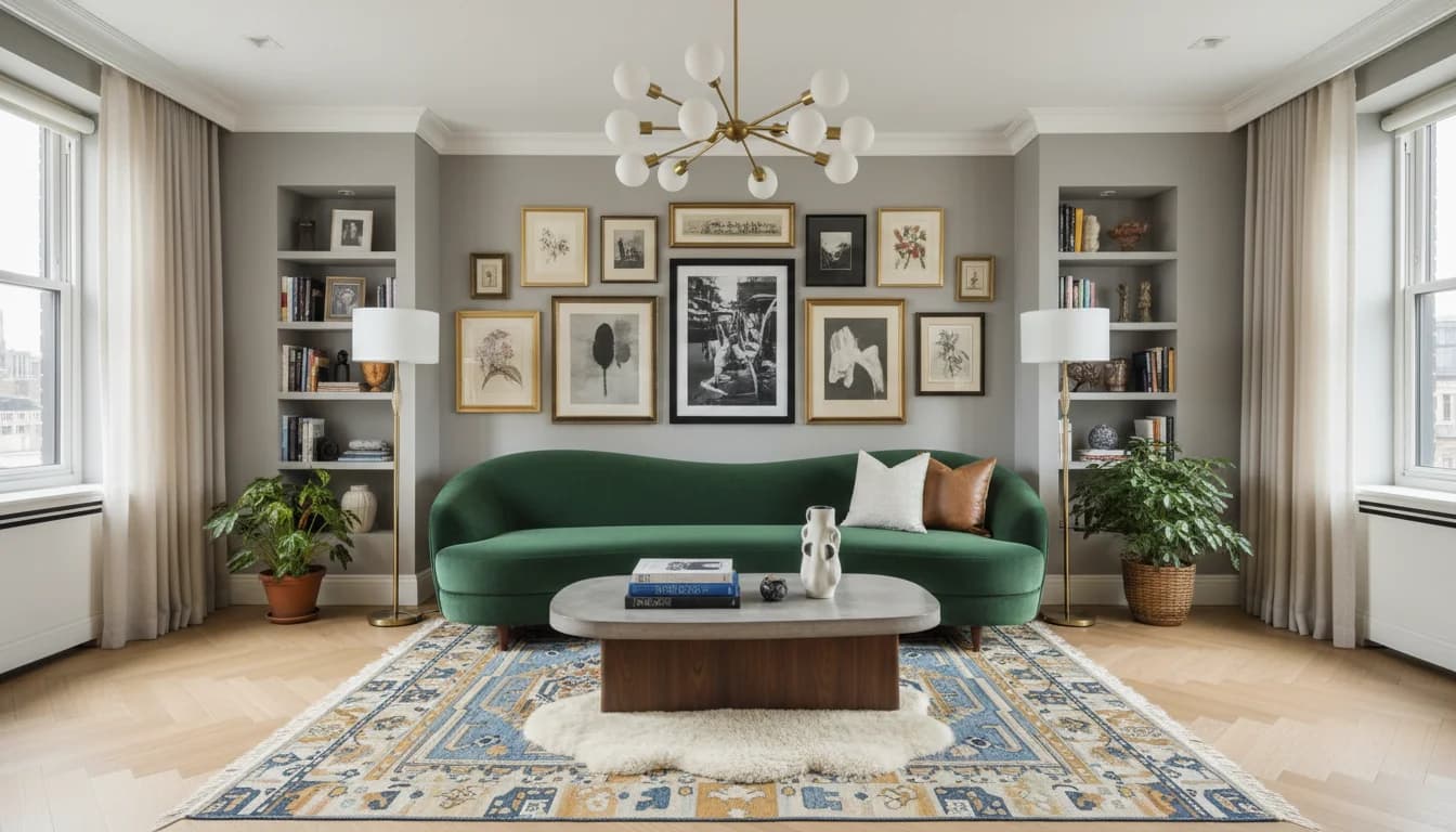 AI design ideas showcasing diverse modern interior design styles in an eclectic living room