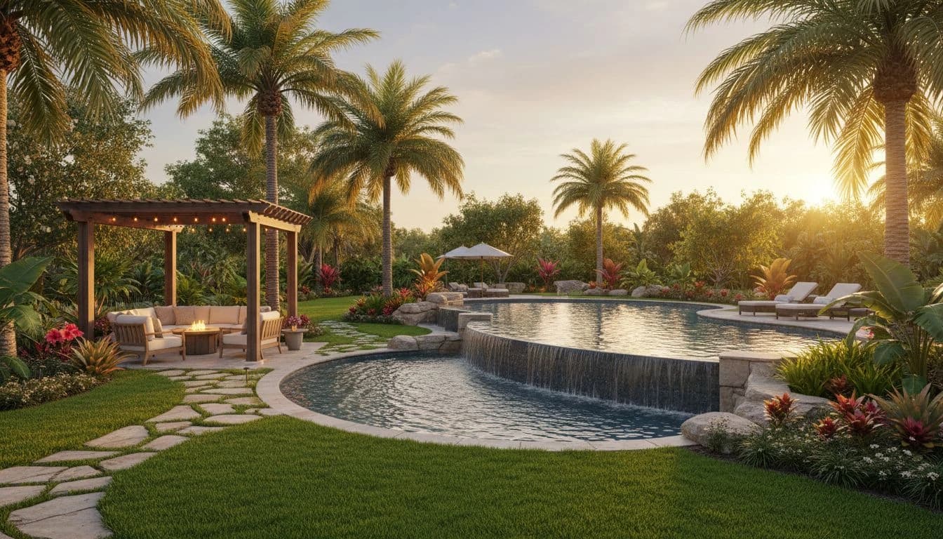 AI landscape design showing a beautiful backyard oasis with infinity pool, tropical planting, and warm golden hour lighting