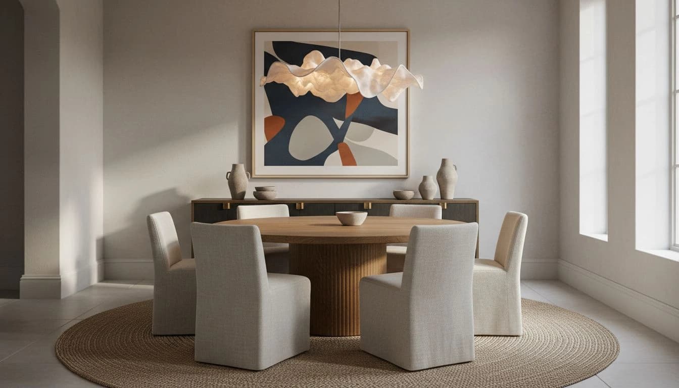 AI dining room design of an elegant modern dining room with round oak table, linen chairs, and sculptural pendant light
