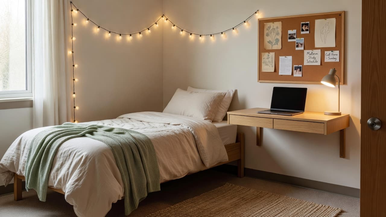 A bright dorm room with a single bed in cream linen and a sage throw, a wall-mounted wooden desk with a lamp, a cork board and warm string lights, designed with AI