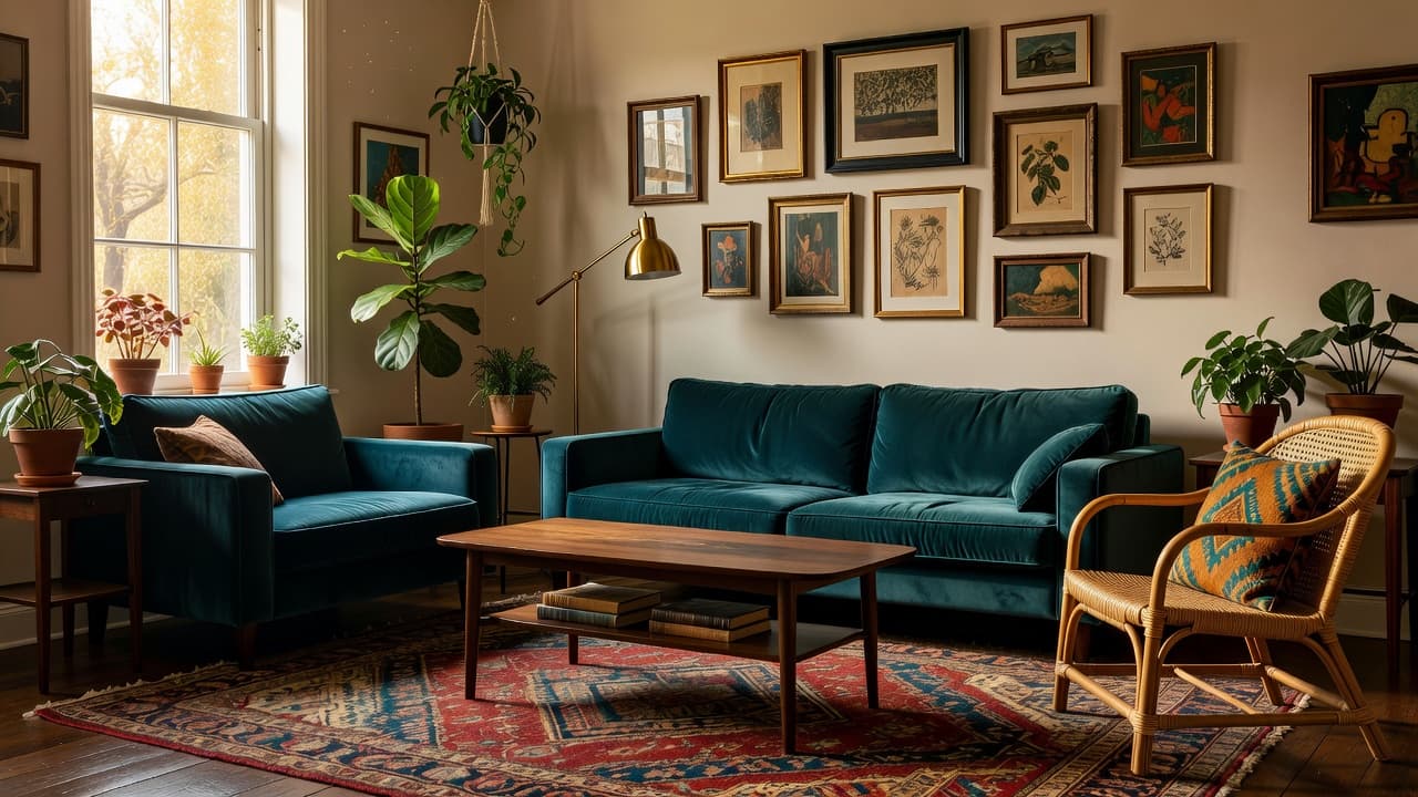 Uma sala de estar eclética com um sofá de veludo azul-petróleo, um tapete persa vintage, uma mesa de centro em nogueira, uma cadeira de rattan e uma parede de quadros com molduras variadas