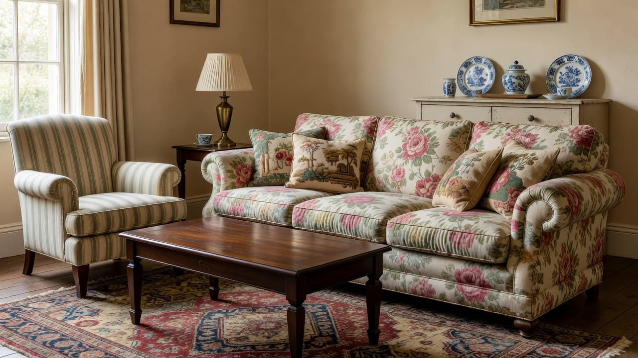 A photorealistic English country living room with a floral chintz sofa, dark antique wood furniture, needlepoint cushions, and a faded Persian-style rug created with AI interior design