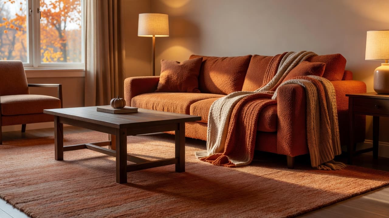 A living room refreshed for fall with warm rust and terracotta tones, a heavier textured rug and layered lamp lighting