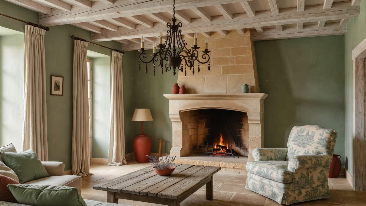 A photorealistic French country living room with a limestone fireplace, weathered wood beams, toile armchair, and wrought iron chandelier, created with AI interior design