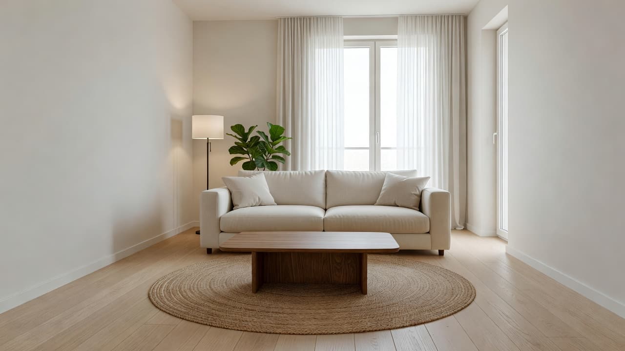 Un luminoso soggiorno arredato con un divano in lino color crema, un tavolino in noce, un tappeto rotondo in juta, una lampada da terra e un ficus lyrata su parquet in rovere chiaro, creato con il virtual staging basato sull’IA
