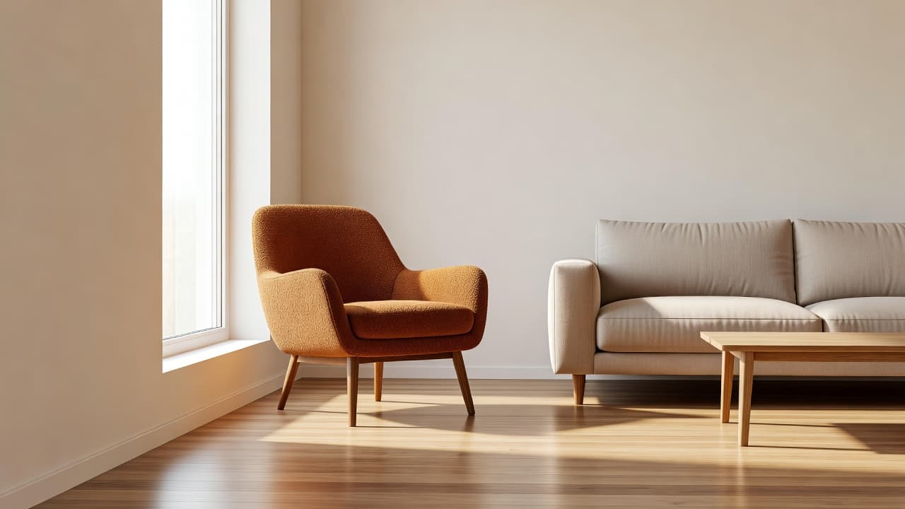 Een fotorealistische woonkamer met een opvallende mid-century modern accentstoel natuurlijk geplaatst naast het raam, aansluitend bij het echte licht en de schaduw van de kamer