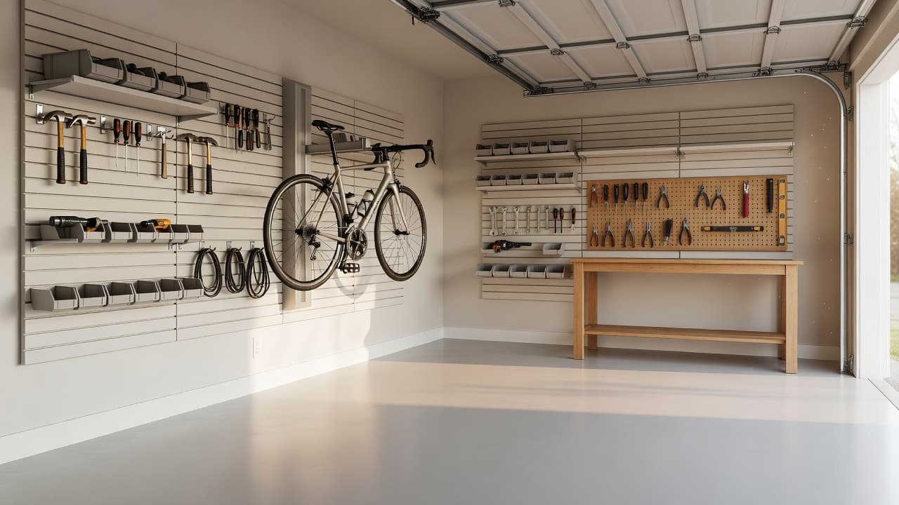 A photorealistic organized home garage with light gray epoxy flooring, slat wall storage panels holding tools and bins, and a wall-mounted bike rack, designed with ai garage design
