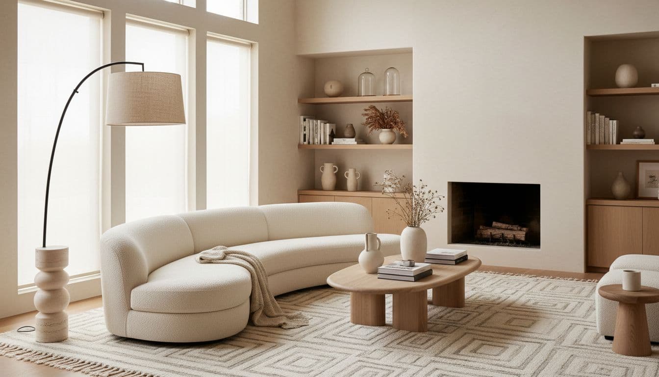 AI generated interior design rendering of a warm modern living room with curved sofa and soft daylight