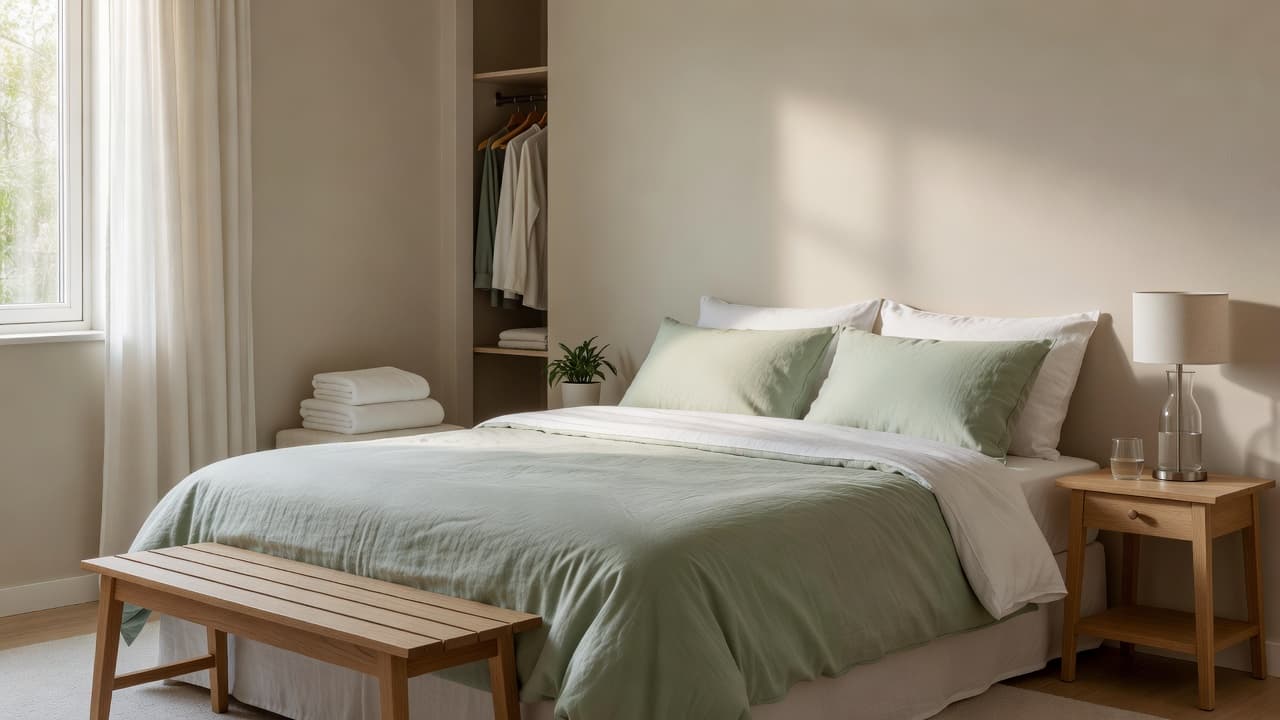 Ein fotorealistisches Gästeschlafzimmer mit salbeigrüner Leinenbettwäsche, einem Nachttisch aus Holz mit Lampe und Wasserkaraffe, einer Gepäckbank am Fußende des Betts und gefalteten Handtüchern, mit KI gestaltet