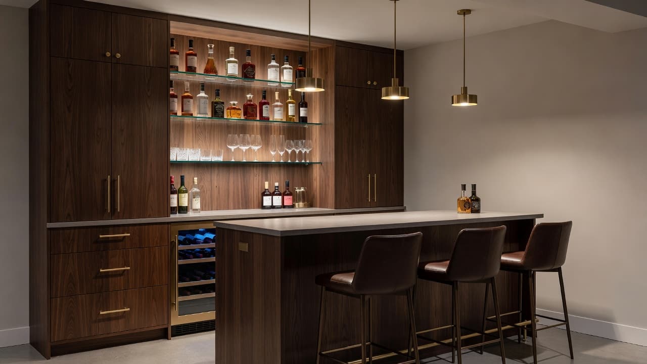 A photorealistic home bar with warm wood cabinetry, open shelving of glassware, and pendant lighting, designed with AI home bar design tools