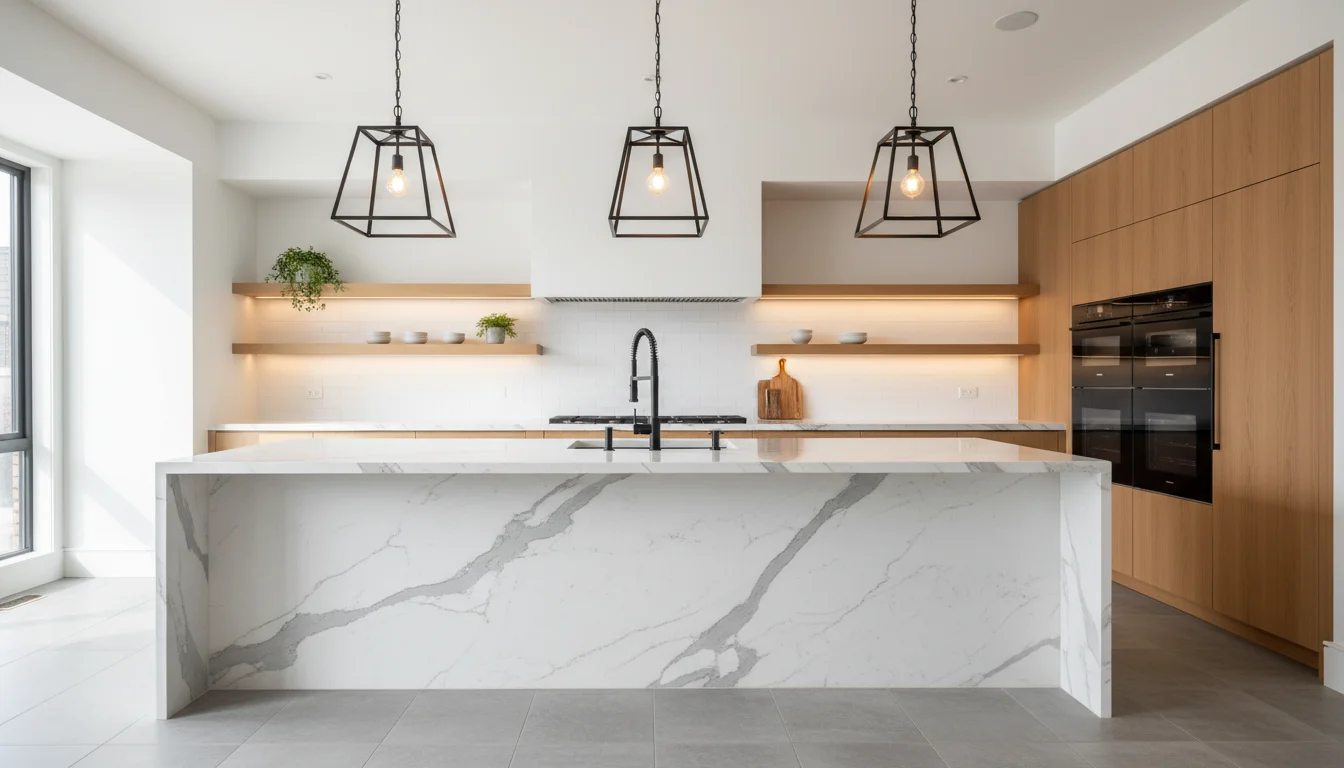 แอปรีโนเวทบ้านด้วย AI แสดงการเปลี่ยนโฉมห้องครัวจากแบบเก่าเป็นสมัยใหม่ พร้อมเกาะครัวหินอ่อนและอุปกรณ์สีดำด้าน