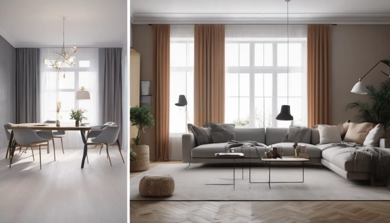 AI image redesign concept showing a plain room transformed into a beautifully styled modern living room