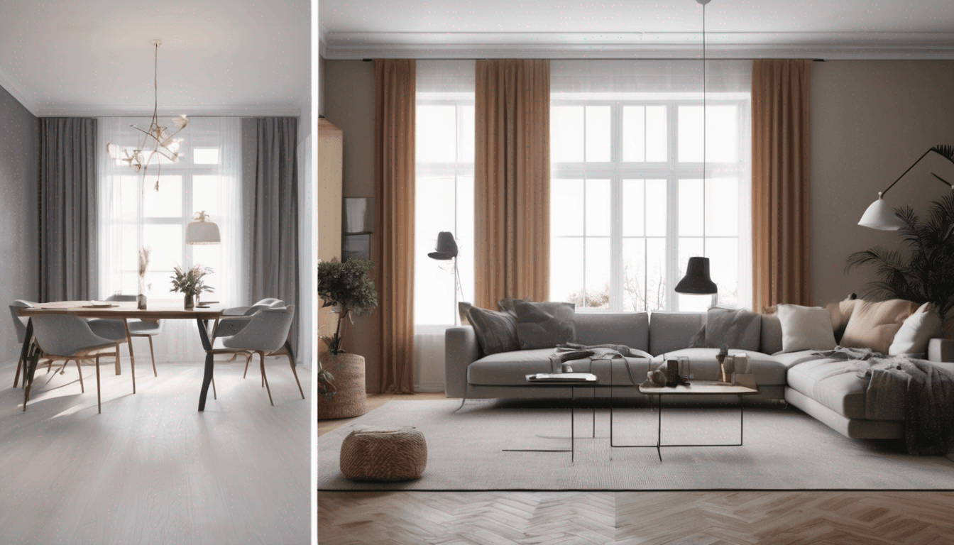 AI image redesign concept showing a plain room transformed into a beautifully styled modern living room