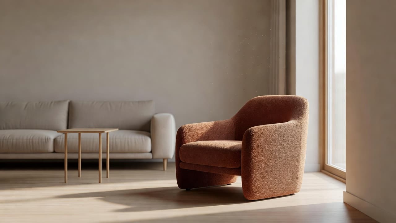 A photorealistic living room with a single newly placed accent armchair beside a window, the rest of the room unchanged, illustrating a targeted AI photo edit
