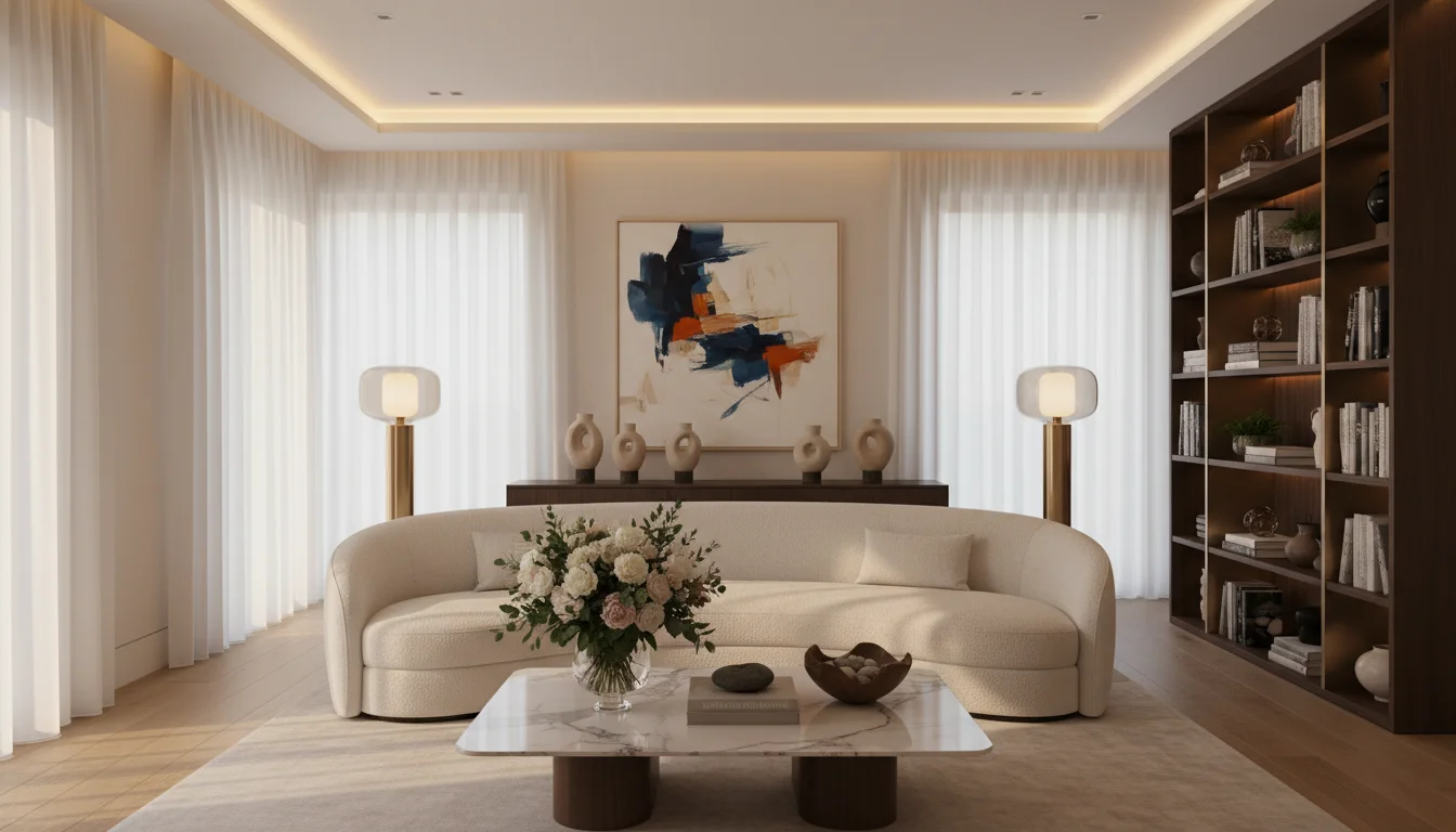 AI interior decorator transforming modern living space with elegant designer furniture and warm lighting
