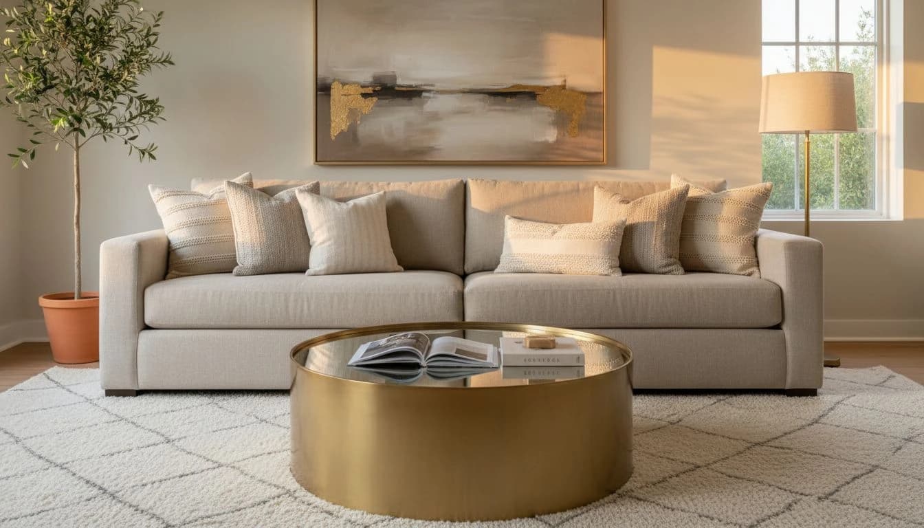 AI interior design for Airbnb showing a perfectly staged short-term rental living room with neutral sofa, warm lighting, and photography-ready styling