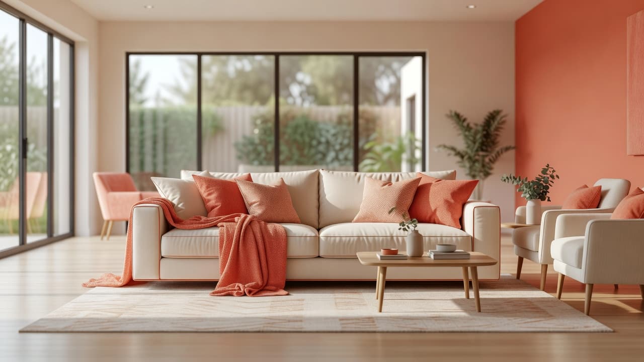 AI interior design apps compared, showing a photorealistic modern living room redesign with warm coral and cream decor