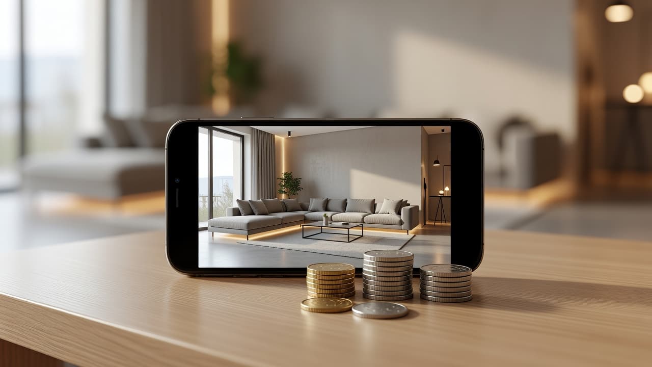 A photorealistic redesigned living room shown on a smartphone next to a small stack of coins, illustrating the low cost of AI interior design