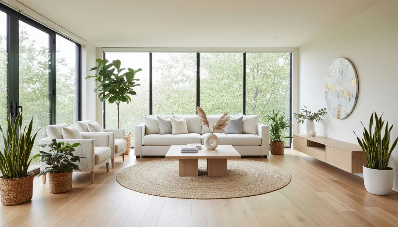 AI interior design FAQ guide showing a bright welcoming modern living room with natural light