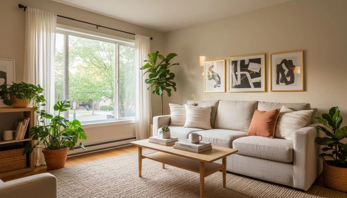 AI interior design for a first-time homebuyer showing a warm, naturally lit starter home living room with neutral linen sofa and curated decor
