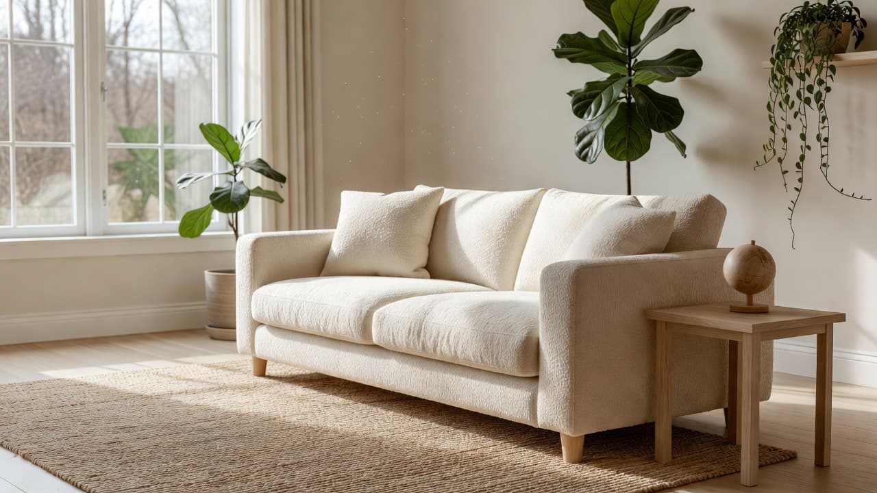 Een lichte woonkamer met een crèmekleurige bouclé bank, een jute vloerkleed, kamerplanten en een kleine houten wereldbol op een bijzettafel, ter illustratie van een AI-interieurontwerp-app die in veel talen werkt