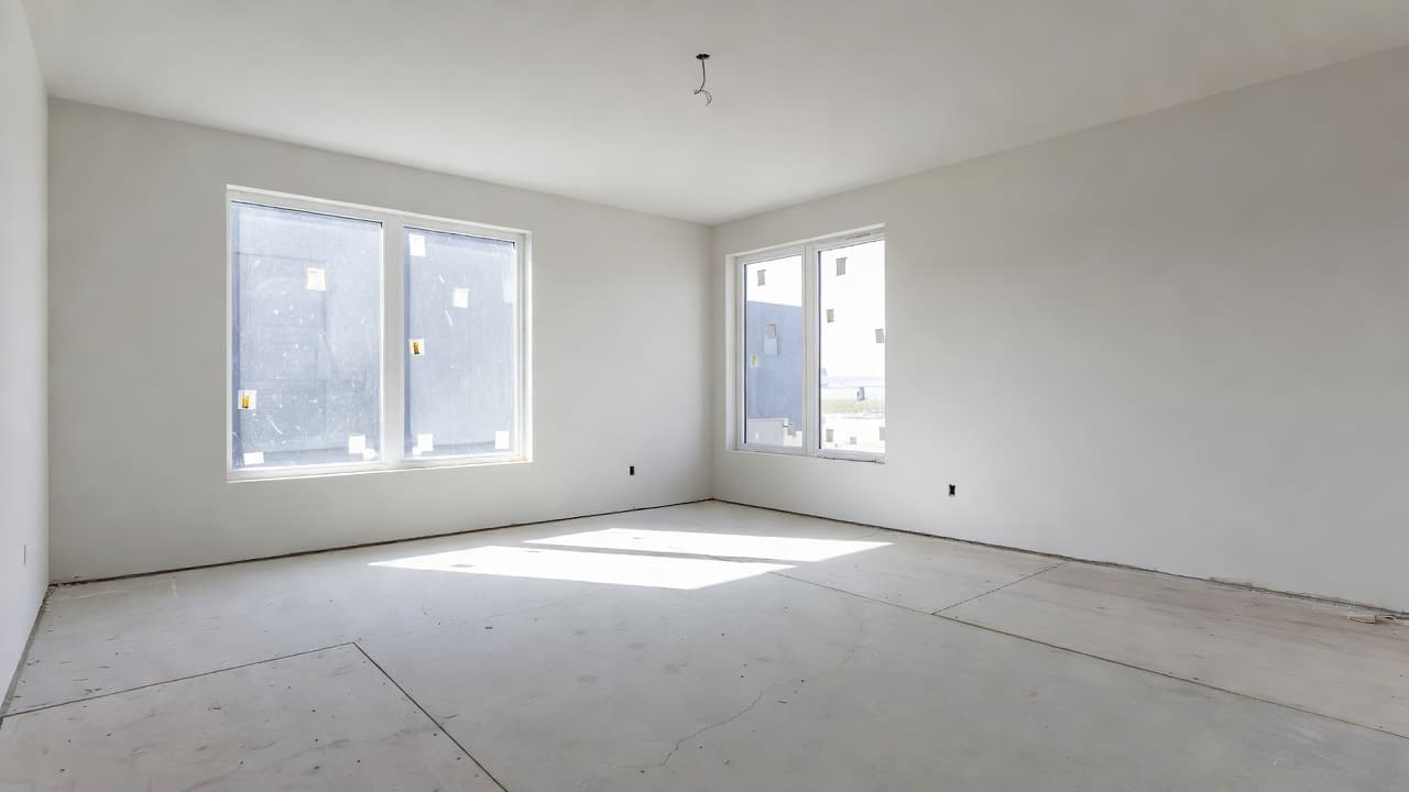 Uma sala de estar fotorrealista, vazia, de construção nova, com paredes brancas nuas, janelas grandes novas e pavimento por acabar, pronta a ser mobilada com design de interiores com IA
