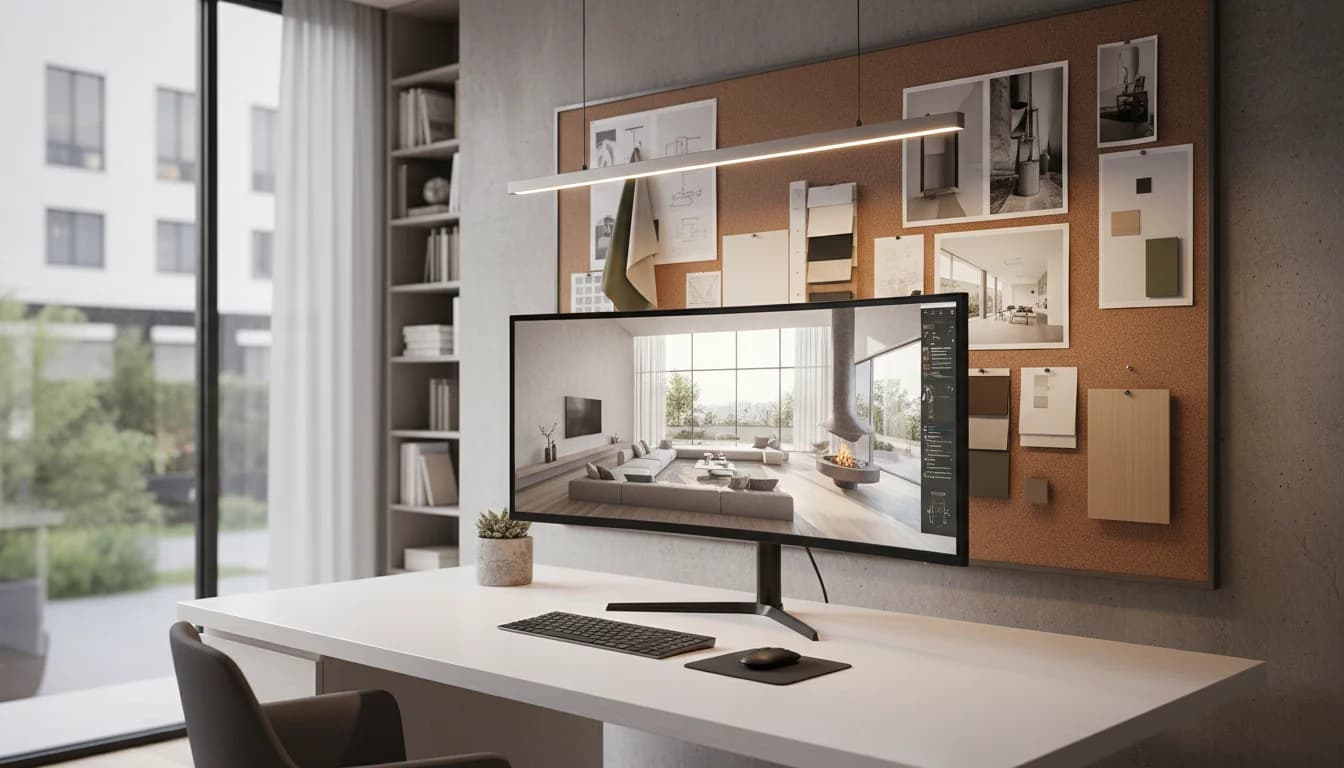 AI interior design software workspace showing a modern living room transformation on screen