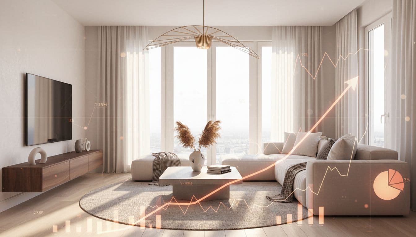 A modern living room with a subtle overlay of upward-trending data charts, representing AI interior design market growth statistics for 2026