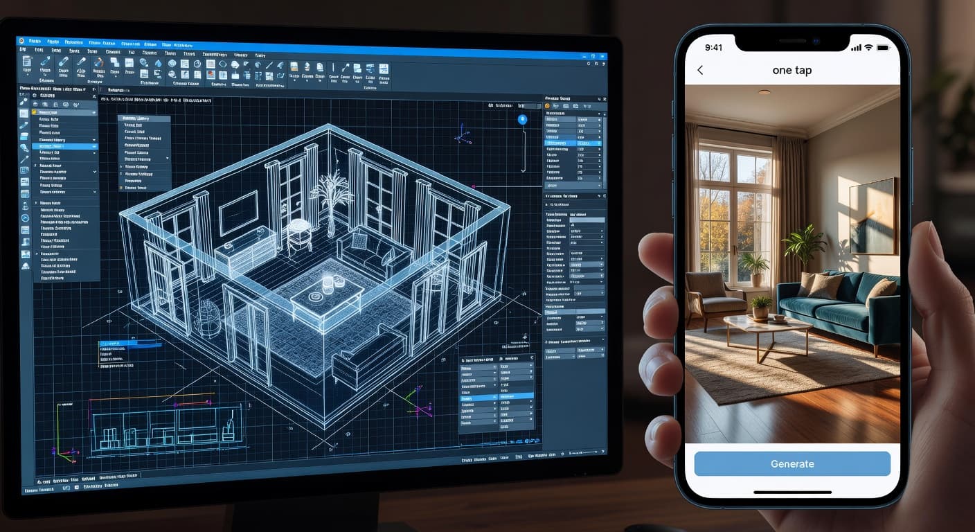 Immagine divisa che confronta un complesso software di modellazione 3D d’interni su un monitor con un telefono che mostra una riprogettazione della stanza con un tocco grazie a DecorAI