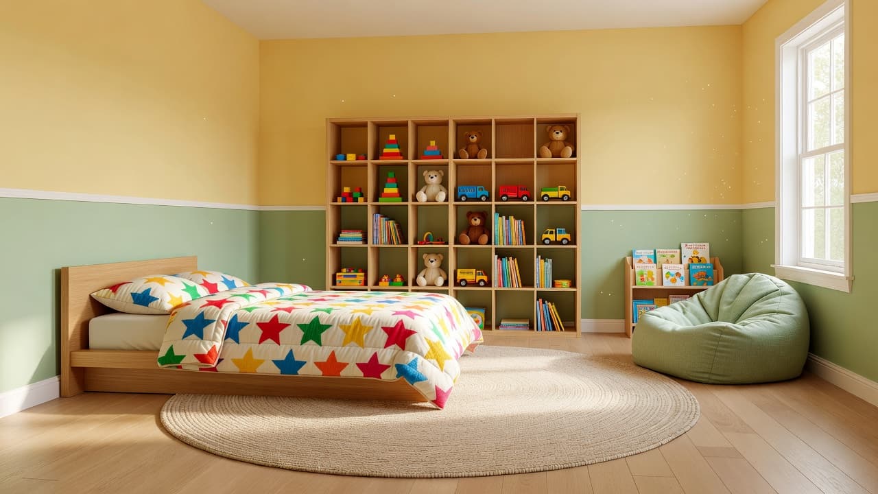 A photorealistic bright kids bedroom with a low platform bed, star-print quilt, open cube toy shelving, and a window reading nook, designed with ai kids room design