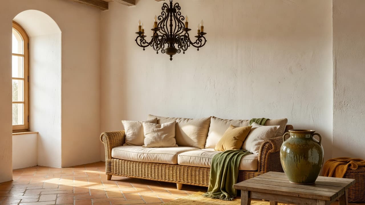 A photorealistic Mediterranean living room with whitewashed plaster walls, terracotta floor tile, a wrought iron chandelier, and rattan furniture, created with AI interior design